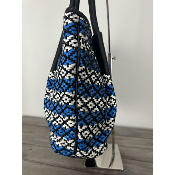 Vince Camuto Blue White Woven Harlo Tote Shoulder Leather Blend Purse - Picture 5 of 15